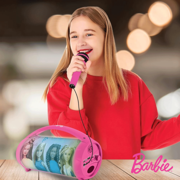 Coluna Portátil Barbie c/ Luz e Microfone Autobrinca Online