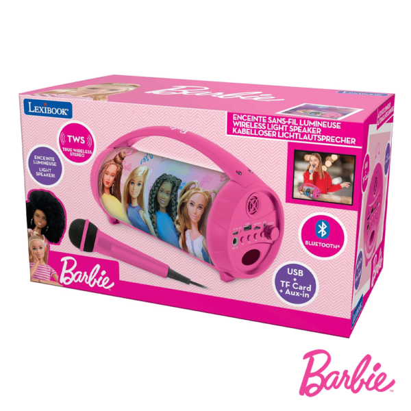 Coluna Portátil Barbie c/ Luz e Microfone Autobrinca Online