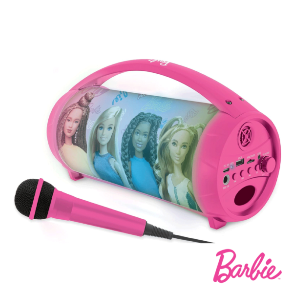 Coluna Portátil Barbie c/ Luz e Microfone Autobrinca Online