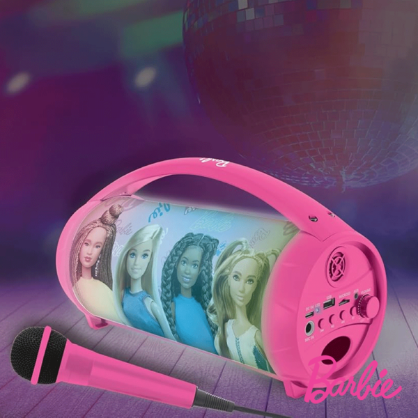 Coluna Portátil Barbie c/ Luz e Microfone Autobrinca Online